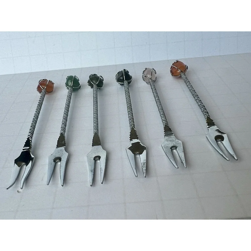 Vintage Cocktail Fork Set 6 Colored Stone Tops